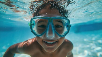 Naklejka premium Young child underwater with blue goggles smiling in clear blue water.