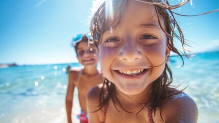 Two children smiling at the camera enjoying a sunny day at the beach with clear blue water and a bright sky. - obrazy, fototapety, plakaty