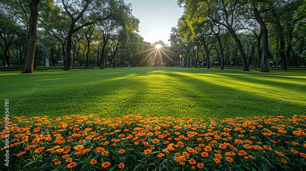 Poster the suns golden rays filter through the lush green trees in a peaceful park setting, casting enchant