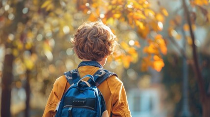 A young child with curly hair wearing a yellow jacket and a blue backpack walking through a park...