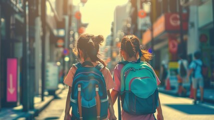 Two young girls walking down a city street each carrying a colorful backpack with the sun casting a warm glow on their backs as they head towards an unseen destination.