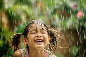 Fotobehang girl with rainsoaked pigtails laughing joyously © primopiano