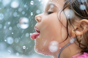 girl catching raindrops on her tongue - obrazy, fototapety, plakaty