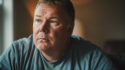 Obraz premium Man with blue eyes and gray hair wearing a green shirt sitting in a dimly lit room with a window in the background looking contemplative.