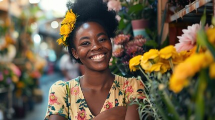 Smiling woman with yellow flower crown wearing floral print top surrounded by vibrant flowers in a market setting. - obrazy, fototapety, plakaty
