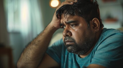 Obraz premium A man with a beard and mustache wearing a blue shirt sitting in a room with a window looking down with a concerned expression holding his head in his hand.