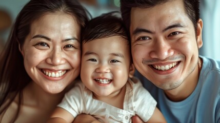 Fototapeta premium A joyful family moment captured with a smiling baby held by a smiling mother and father.