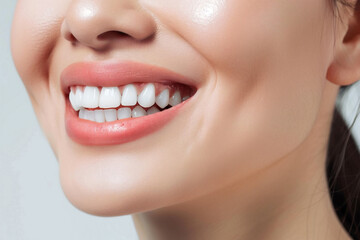 Obraz premium Charming female smile with healthy dazzling white teeth, showing excellent dental health and hygiene.Teeth whitening concept.