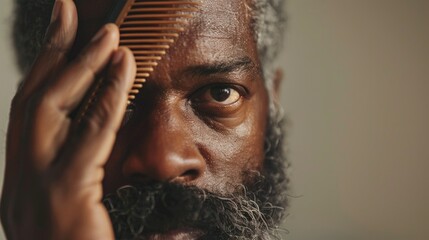 Man with beard and mustache holding comb to his forehead looking directly at camera with intense gaze. - obrazy, fototapety, plakaty