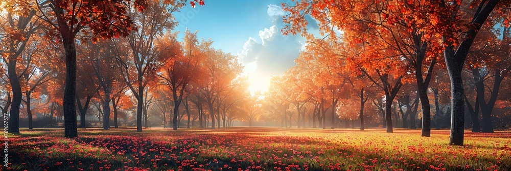 Poster as the sun shines through the trees in a park, golden rays peek through the thick foliage, creating 