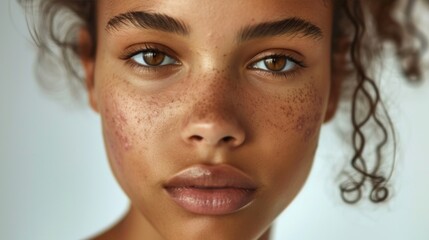 A close-up of a young woman with a soft complexion freckles and brown eyes set against a light background with her curly hair framing her face. - obrazy, fototapety, plakaty