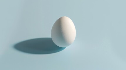 Close up single white egg with shadow isolated on a light blue background. AI generated image