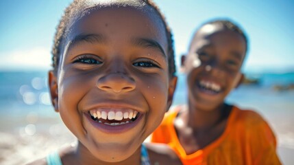 Two young children smiling joyfully at the camera their faces glowing with happiness against a backdrop of a clear blue sky and the ocean.