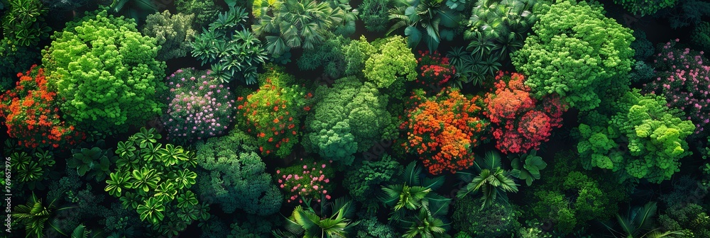 Aufkleber an enchanting aerial perspective of a lush forest teeming with majestic trees, creating a breathtaki