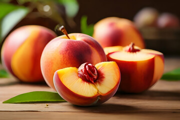 Naklejka na ściany i meble peaches on a wooden table fruit, apple, food, red, peach, fresh, isolated, healthy, ripeAi generated 