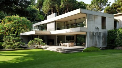 Beautiful modern house in cement, view from the garden,Modern country house with rectangular shapes...