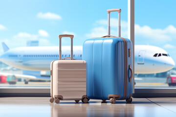 Two suitcase at airport plane. close up travel concept, summer vacation concept, traveler suitcases in airport terminal. Travelling luggage in the airport and near a passenger plane