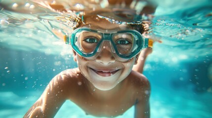 A young child wearing goggles smiling underwater with bubbles and blue water.