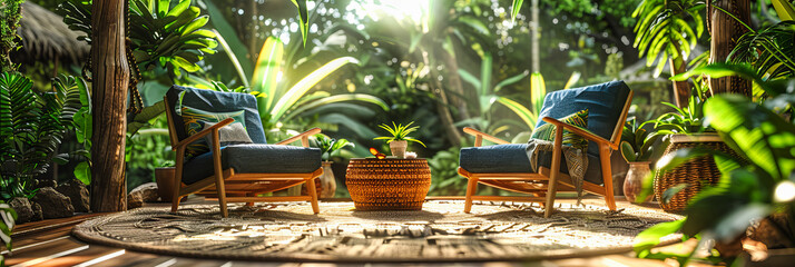 Luxurious Outdoor Living, Blending Modern Furniture with Natures Beauty in Garden Design - obrazy, fototapety, plakaty