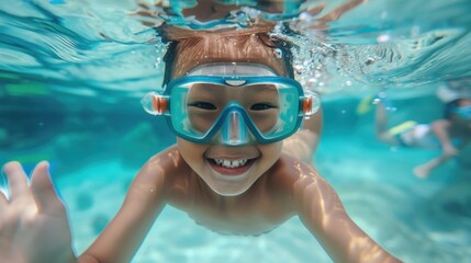A young child with a big smile wearing blue goggles swimming underwater in a clear blue pool.