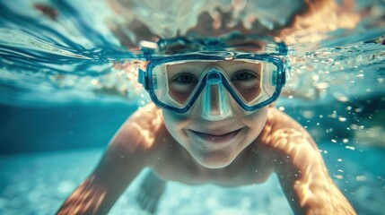 Naklejka premium A young child wearing goggles smiling underwater with bubbles and light filtering through the water.