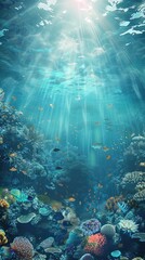 Obraz na płótnie Canvas Sunlight Piercing Through Vibrant Underwater Marine Life. Background for Instagram Story, Banner
