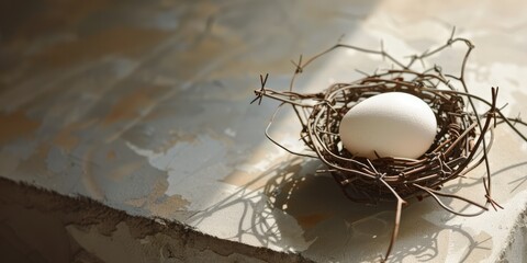 Egg lies in nest made of barbed wire, thorns, photo close up	
