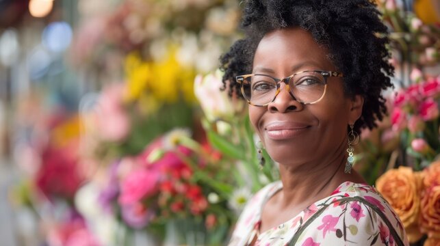 A smiling woman with glasses wearing a floral top standing in front of a vibrant floral display.