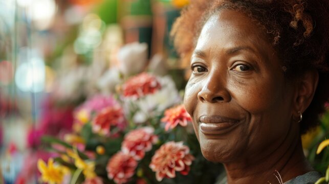 A Smiling Woman With Curly Hair Wearing A Silver Earring In Front Of A Colorful Floral Background.