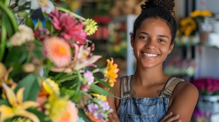 A cheerful woman in a denim jumpsuit stands in a vibrant flower shop surrounded by a colorful array of blooms.
