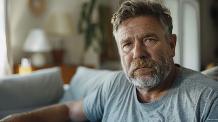 A man with a gray beard and mustache wearing a gray t-shirt sitting on a couch in a living room with a lamp and plant in the background.