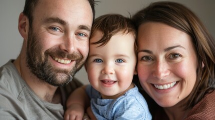 Fototapeta premium A joyful family portrait with a smiling father mother and their adorable baby with striking blue eyes.