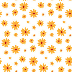 The pattern of spring flowers is yellow daisies. Colored daisies on a white background. Cute flower in different sizes. Seamless texture for printing on textiles and paper. Holiday