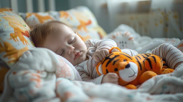 A sleeping baby with a teddy bear resting on a bed with patterned sheets and pillows.