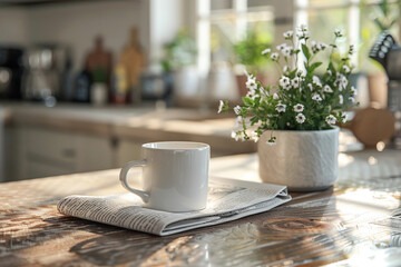 Create a mug mock-up placed on a cozy kitchen counter next to a morning newspaper