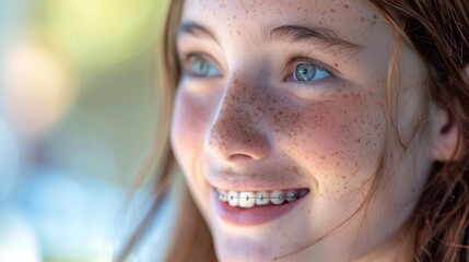 A close-up of a young girl with freckles blue eyes and braces smiling brightly with a soft focus background. - obrazy, fototapety, plakaty