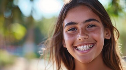 Smiling young girl with braces radiant skin and long brown hair set againsta blurred natural background.