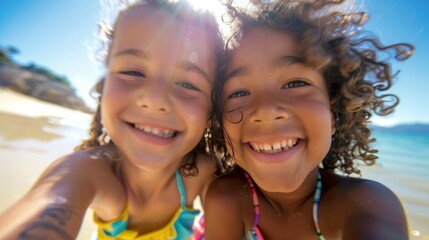 Two young girls with curly hair wearing colorful swimsuits smiling and enjoying a sunny day at the beach with the ocean in the background. - obrazy, fototapety, plakaty