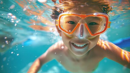 Fototapeta premium Young child smiling underwater wearing orange goggles swimming in clear blue pool.