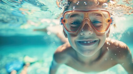 Naklejka premium A young boy with blue eyes wearing orange goggles smiling underwater in a swimming pool.