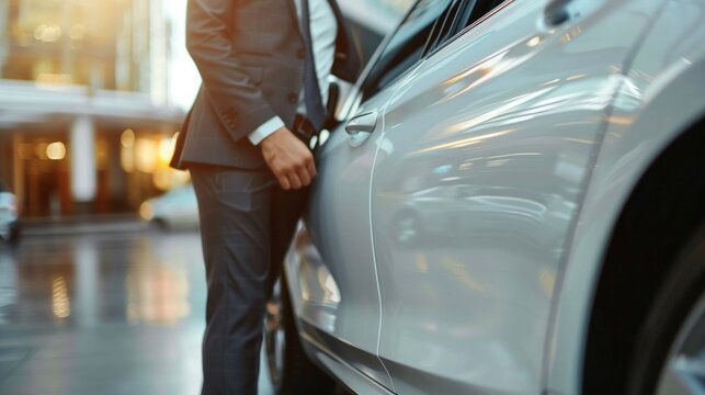 Businessman, hands and chauffeur by car door for travel accommodation, designated driver or commute. Hand of male person on vehicle handle in professional transport service, business class or pick up