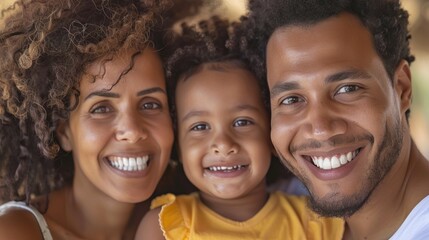 A joyful family moment captured with a smiling man woman and child sharing a warm embrace.