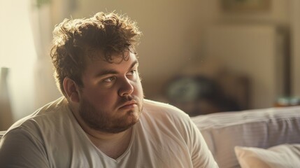 A man with curly hair a beard and a thoughtful expression sitting on a bed with sunlight streaming in.
