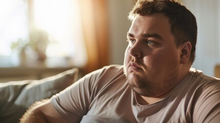 Obraz premium A man with a beard and mustache wearing a light-colored t-shirt sitting on a couch with a contemplative expression looking to the side with sunlight streaming through a window in the background.