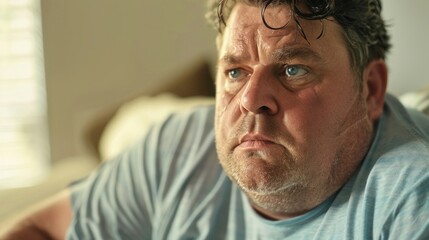 A man with a thoughtful expression sitting in a dimly lit room wearing a blue shirt with a hint of a smile on his face.