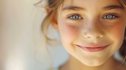 A close-up of a young girl with freckles big blue eyes and a soft smile.