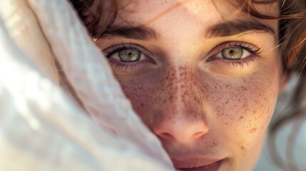 Fototapeta premium A close-up of a person with freckles and striking blue eyes peeking from behind a white fabric with a soft warm light illuminating their face.