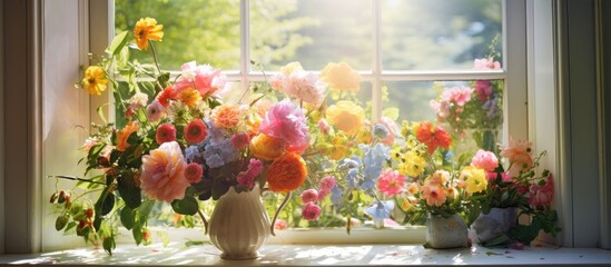 A beautiful flower arrangement sits in a vase on a window sill, bringing a touch of nature and art to the houses interior. The colorful petals add a vibrant pop against the natural landscape outside - obrazy, fototapety, plakaty