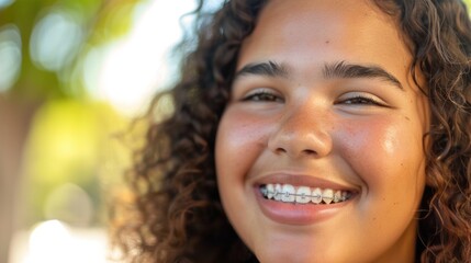A young woman with curly hair a radiant smile and braces set against a blurred background of greenery.