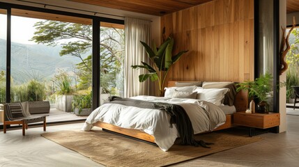 Spacious Bedroom With Large Bed and Wooden Walls